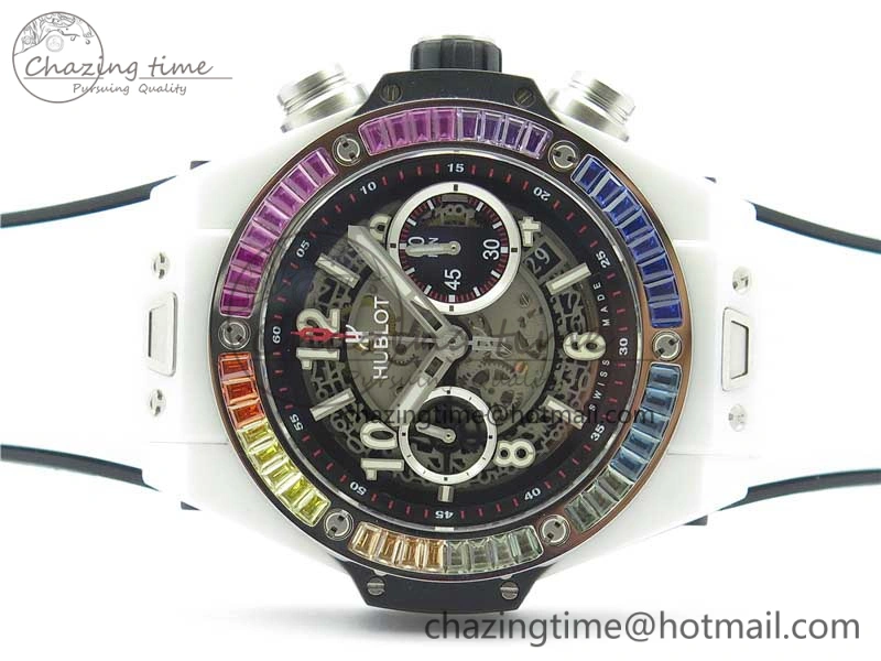 Big Bang Unico White Ceramic HBF 1:1 Best Edition Black Skeleton Dial Rainbow Bezel on Whtie Rubber Strap A1242