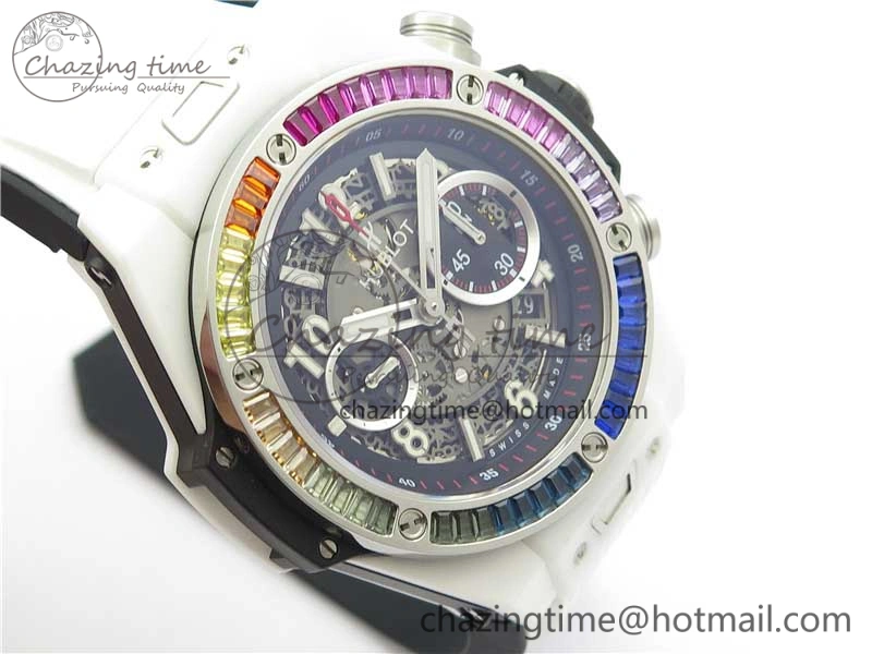 Big Bang Unico White Ceramic HBF 1:1 Best Edition Black Skeleton Dial Rainbow Bezel on Whtie Rubber Strap A1242