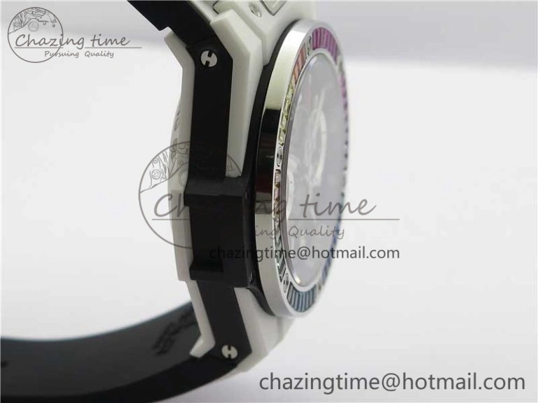 Big Bang Unico White Ceramic HBF 1:1 Best Edition Black Skeleton Dial Rainbow Bezel on Whtie Rubber Strap A1242