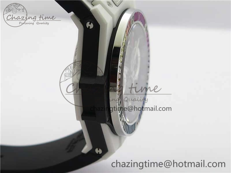 Big Bang Unico White Ceramic HBF 1:1 Best Edition Black Skeleton Dial Rainbow Bezel on Whtie Rubber Strap A1242