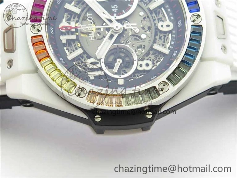 Big Bang Unico White Ceramic HBF 1:1 Best Edition Black Skeleton Dial Rainbow Bezel on Whtie Rubber Strap A1242