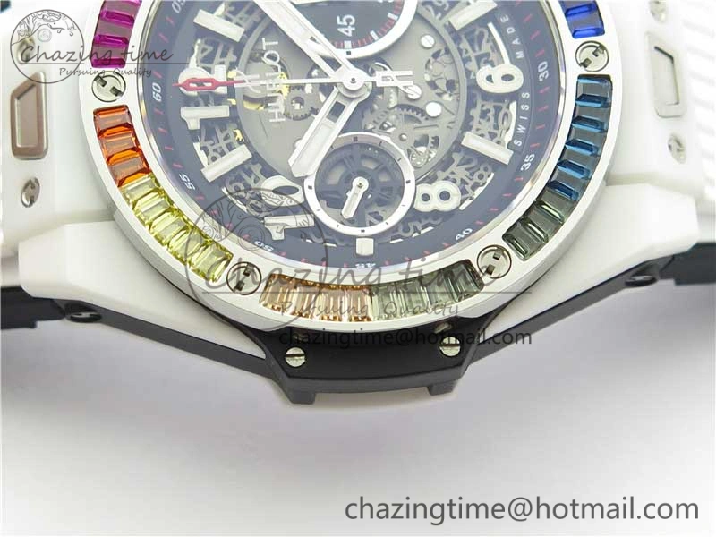 Big Bang Unico White Ceramic HBF 1:1 Best Edition Black Skeleton Dial Rainbow Bezel on Whtie Rubber Strap A1242