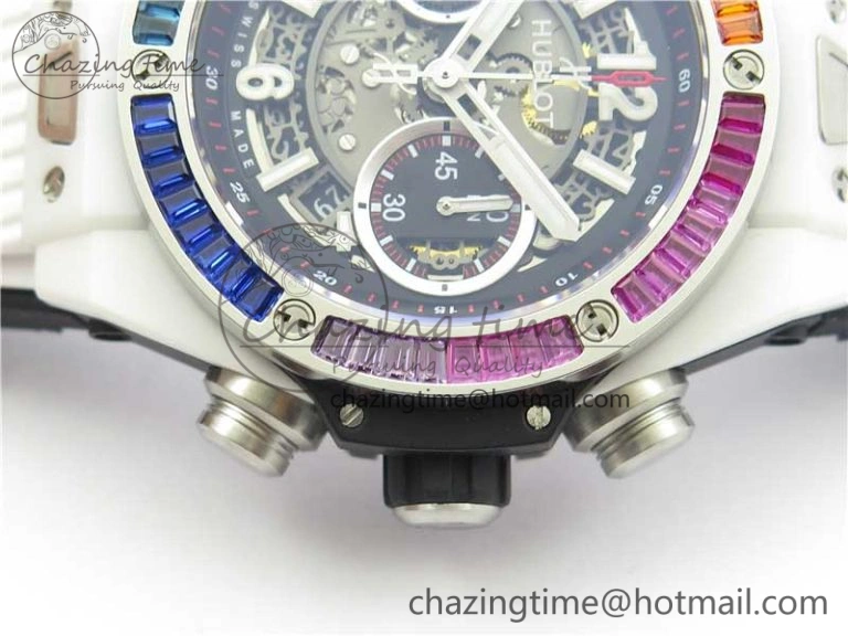 Big Bang Unico White Ceramic HBF 1:1 Best Edition Black Skeleton Dial Rainbow Bezel on Whtie Rubber Strap A1242