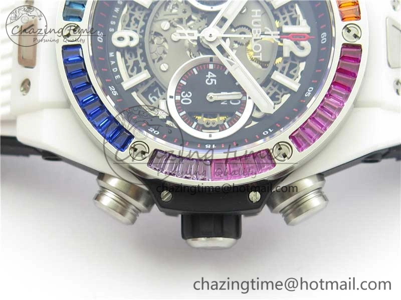 Big Bang Unico White Ceramic HBF 1:1 Best Edition Black Skeleton Dial Rainbow Bezel on Whtie Rubber Strap A1242