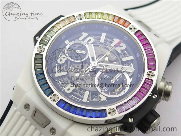 Big Bang Unico White Ceramic HBF 1:1 Best Edition Black Skeleton Dial Rainbow Bezel on Whtie Rubber Strap A1242