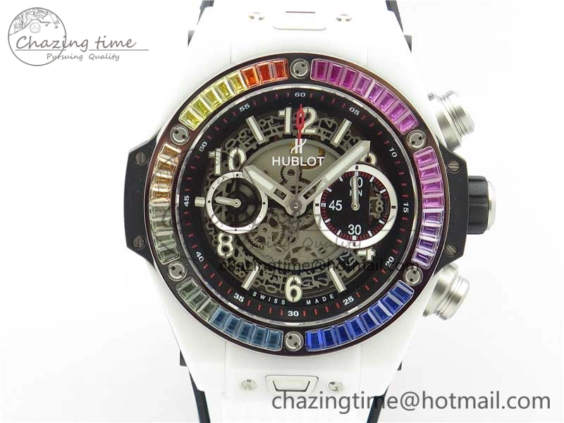Big Bang Unico White Ceramic HBF 1:1 Best Edition Black Skeleton Dial Rainbow Bezel on Whtie Rubber Strap A1242