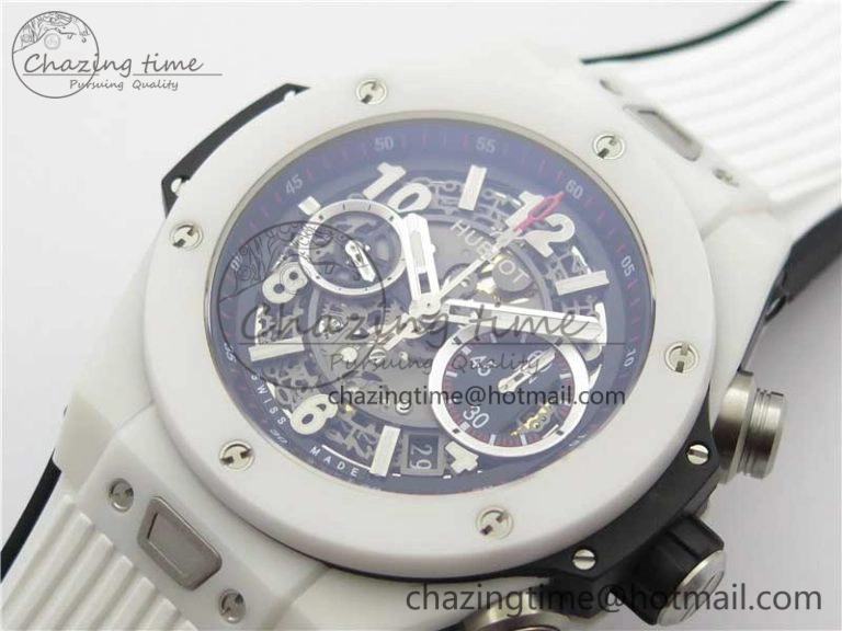 Big Bang Unico White Ceramic HBF 1:1 Best Edition Black Skeleton Dial on Whtie Rubber Strap A1242