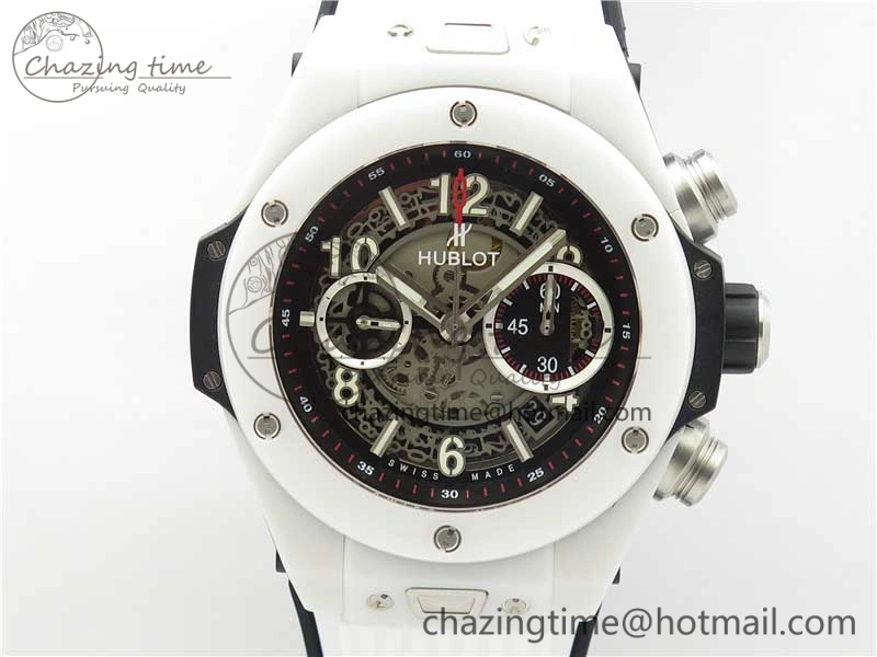 Big Bang Unico White Ceramic HBF 1:1 Best Edition Black Skeleton Dial on Whtie Rubber Strap A1242