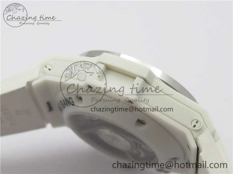 Big Bang Unico White Ceramic HBF 1:1 Best Edition White Skeleton Dial Rainbow Bezel on White Rubber Strap A1242