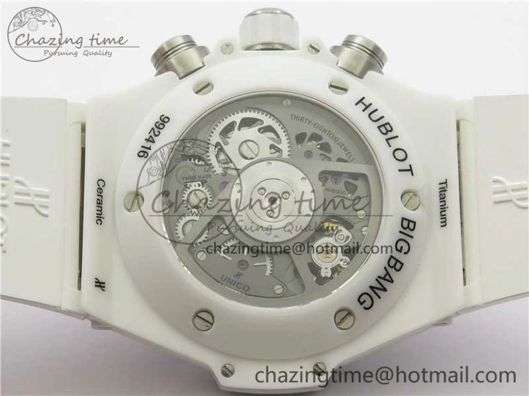 Big Bang Unico White Ceramic HBF 1:1 Best Edition White Skeleton Dial Rainbow Bezel on White Rubber Strap A1242