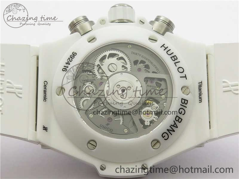 Big Bang Unico White Ceramic HBF 1:1 Best Edition White Skeleton Dial Rainbow Bezel on White Rubber Strap A1242