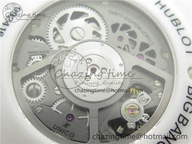 Big Bang Unico White Ceramic HBF 1:1 Best Edition White Skeleton Dial Rainbow Bezel on White Rubber Strap A1242