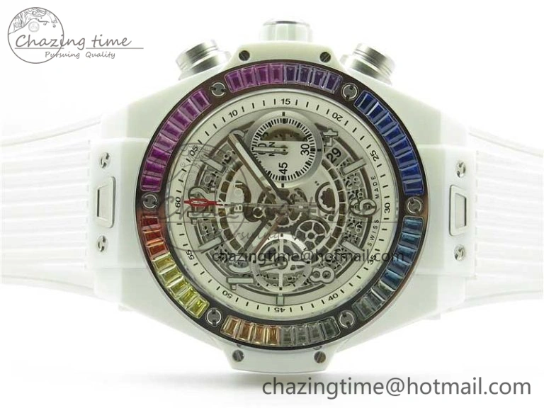 Big Bang Unico White Ceramic HBF 1:1 Best Edition White Skeleton Dial Rainbow Bezel on White Rubber Strap A1242