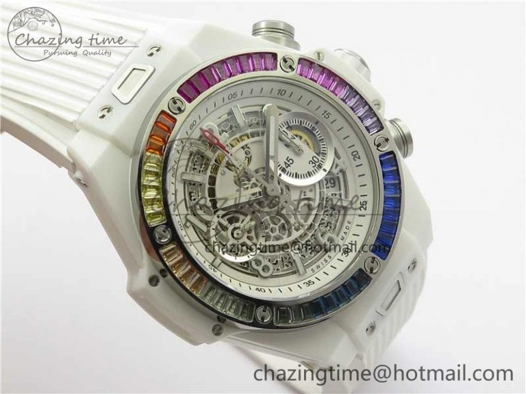 Big Bang Unico White Ceramic HBF 1:1 Best Edition White Skeleton Dial Rainbow Bezel on White Rubber Strap A1242