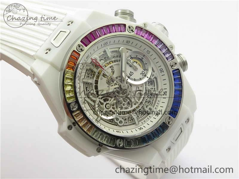 Big Bang Unico White Ceramic HBF 1:1 Best Edition White Skeleton Dial Rainbow Bezel on White Rubber Strap A1242