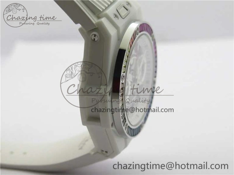 Big Bang Unico White Ceramic HBF 1:1 Best Edition White Skeleton Dial Rainbow Bezel on White Rubber Strap A1242
