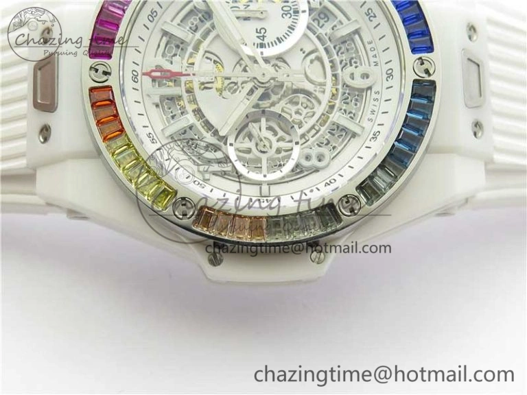 Big Bang Unico White Ceramic HBF 1:1 Best Edition White Skeleton Dial Rainbow Bezel on White Rubber Strap A1242