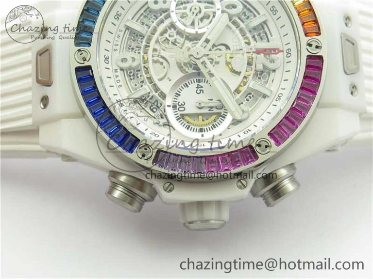Big Bang Unico White Ceramic HBF 1:1 Best Edition White Skeleton Dial Rainbow Bezel on White Rubber Strap A1242