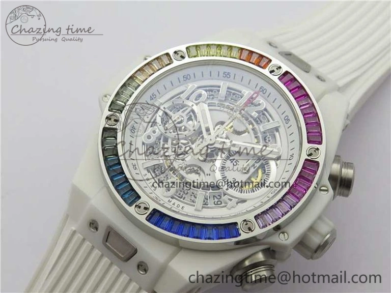 Big Bang Unico White Ceramic HBF 1:1 Best Edition White Skeleton Dial Rainbow Bezel on White Rubber Strap A1242