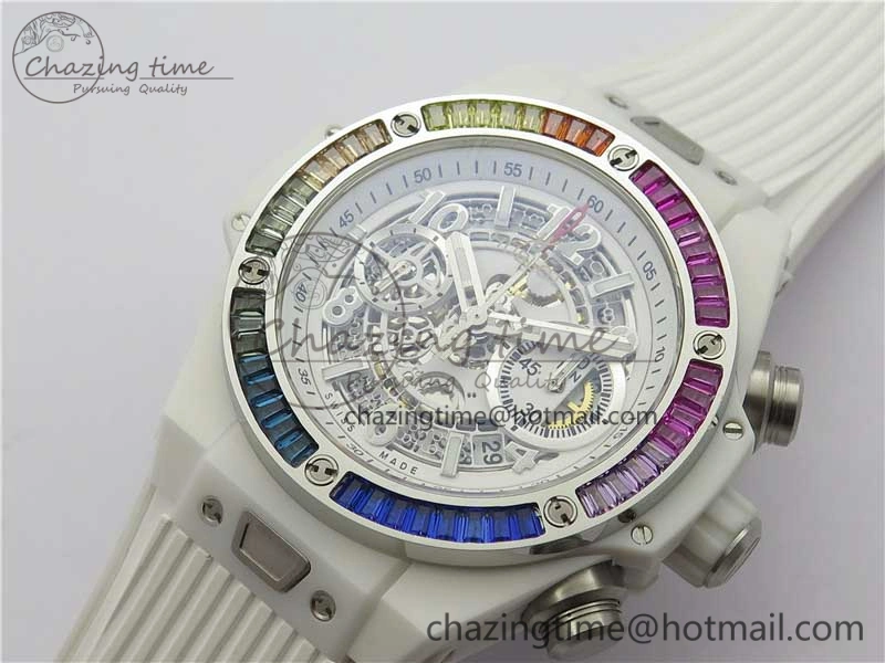 Big Bang Unico White Ceramic HBF 1:1 Best Edition White Skeleton Dial Rainbow Bezel on White Rubber Strap A1242