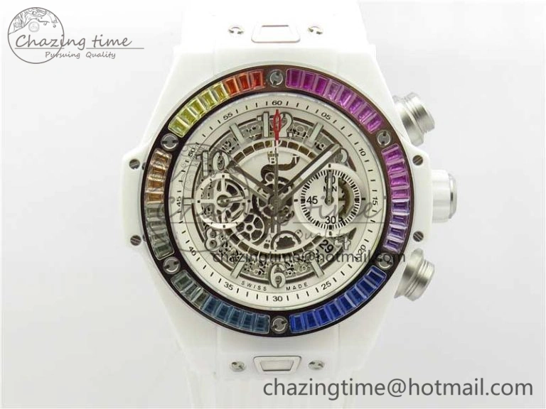 Big Bang Unico White Ceramic HBF 1:1 Best Edition White Skeleton Dial Rainbow Bezel on White Rubber Strap A1242