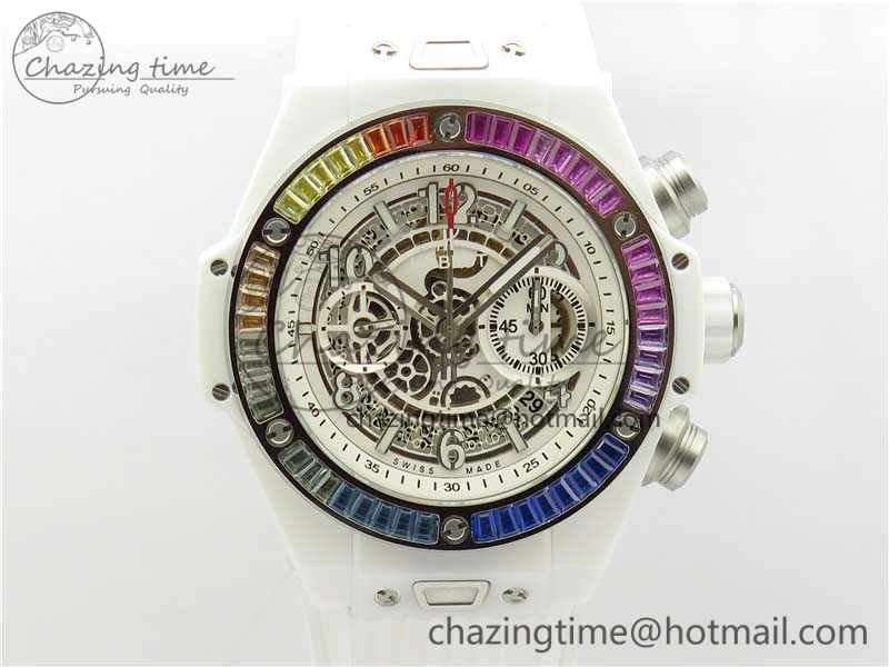 Big Bang Unico White Ceramic HBF 1:1 Best Edition White Skeleton Dial Rainbow Bezel on White Rubber Strap A1242