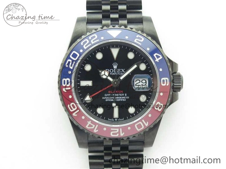 Blaken GMT Master II Red Blue Ceramic DLC GSF Best Edition Black Dial on Jubilee Bracelet A3186