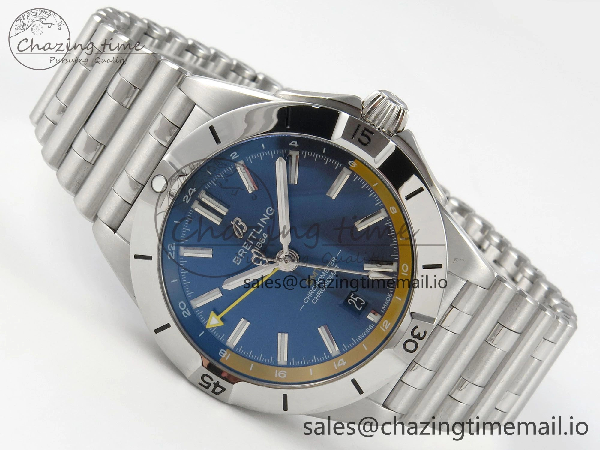 Breitling BLSF Chronomat Automatic 1:1 Best Edition GMT 40mm Blue Dial with Inner Yellow Rim On SS Bracelet