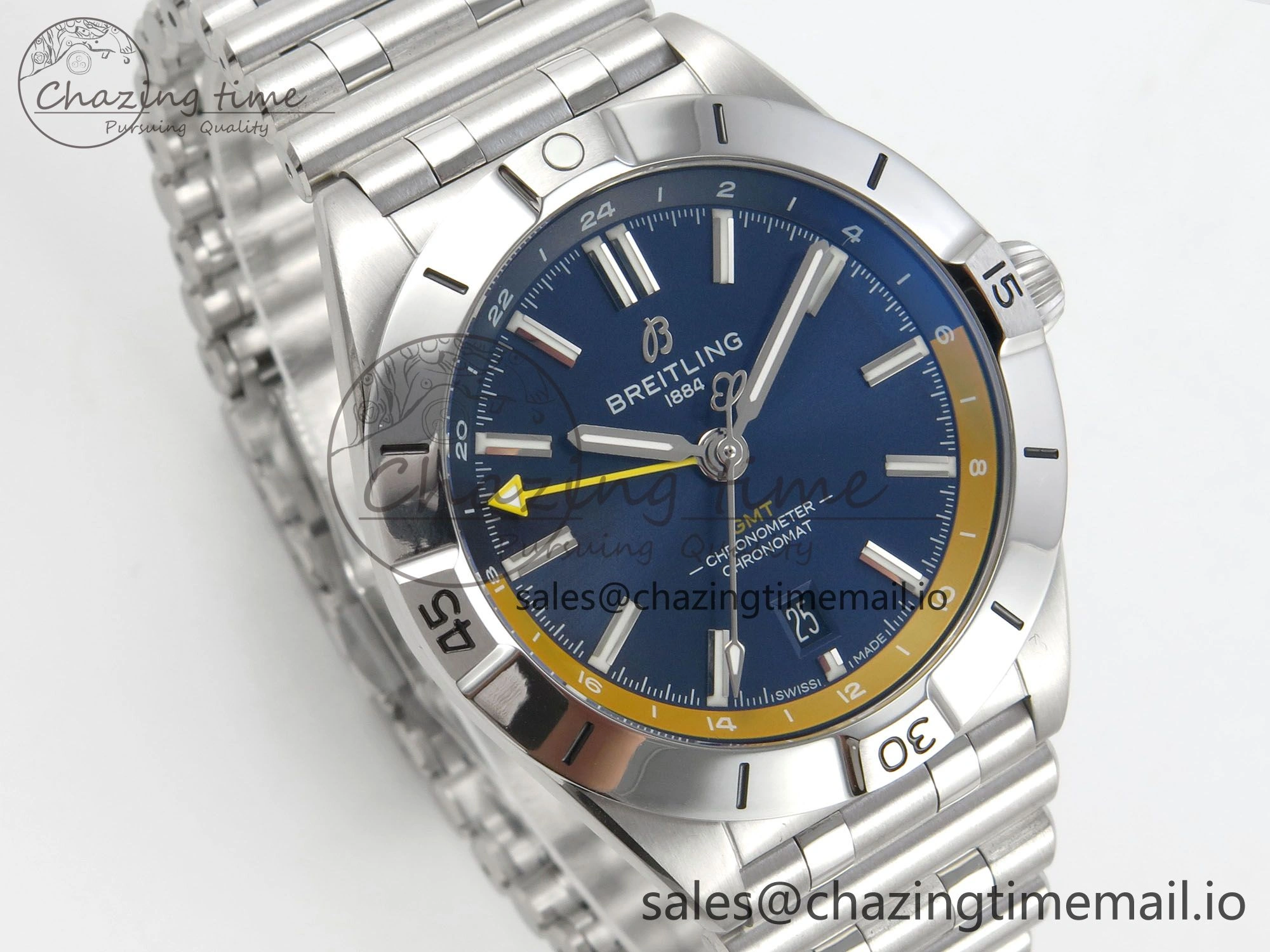 Breitling BLSF Chronomat Automatic 1:1 Best Edition GMT 40mm Blue Dial with Inner Yellow Rim On SS Bracelet
