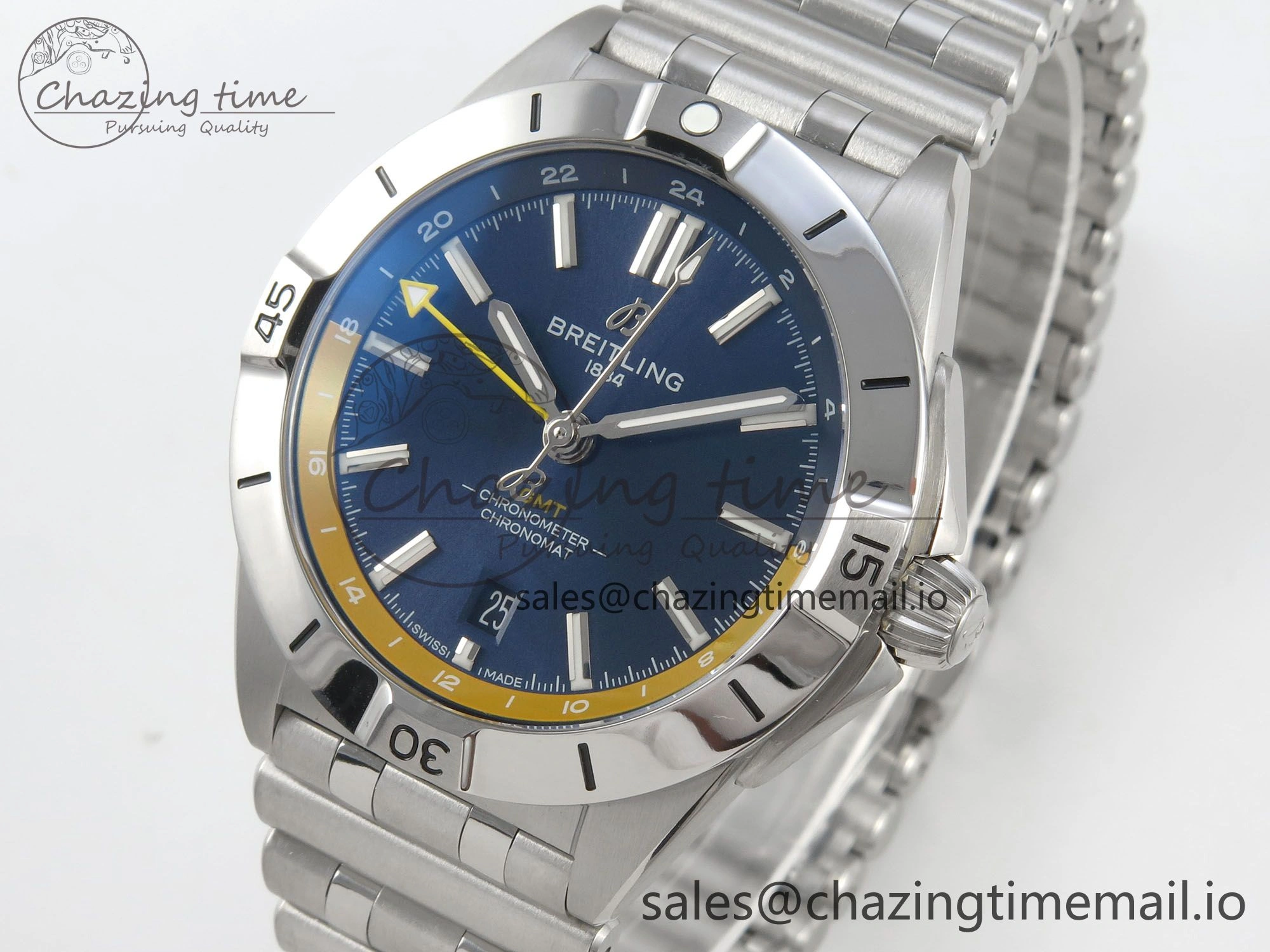Breitling BLSF Chronomat Automatic 1:1 Best Edition GMT 40mm Blue Dial with Inner Yellow Rim On SS Bracelet
