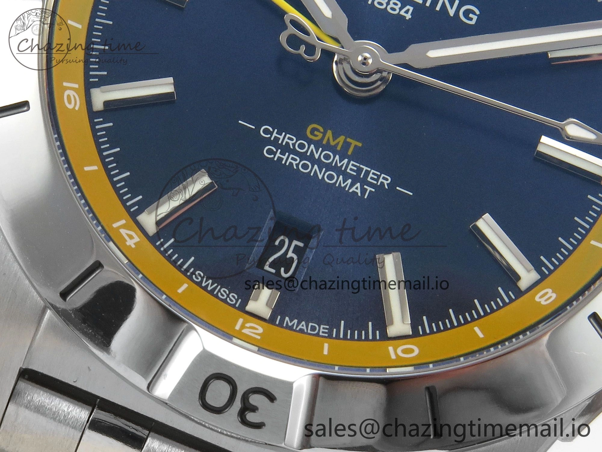 Breitling BLSF Chronomat Automatic 1:1 Best Edition GMT 40mm Blue Dial with Inner Yellow Rim On SS Bracelet
