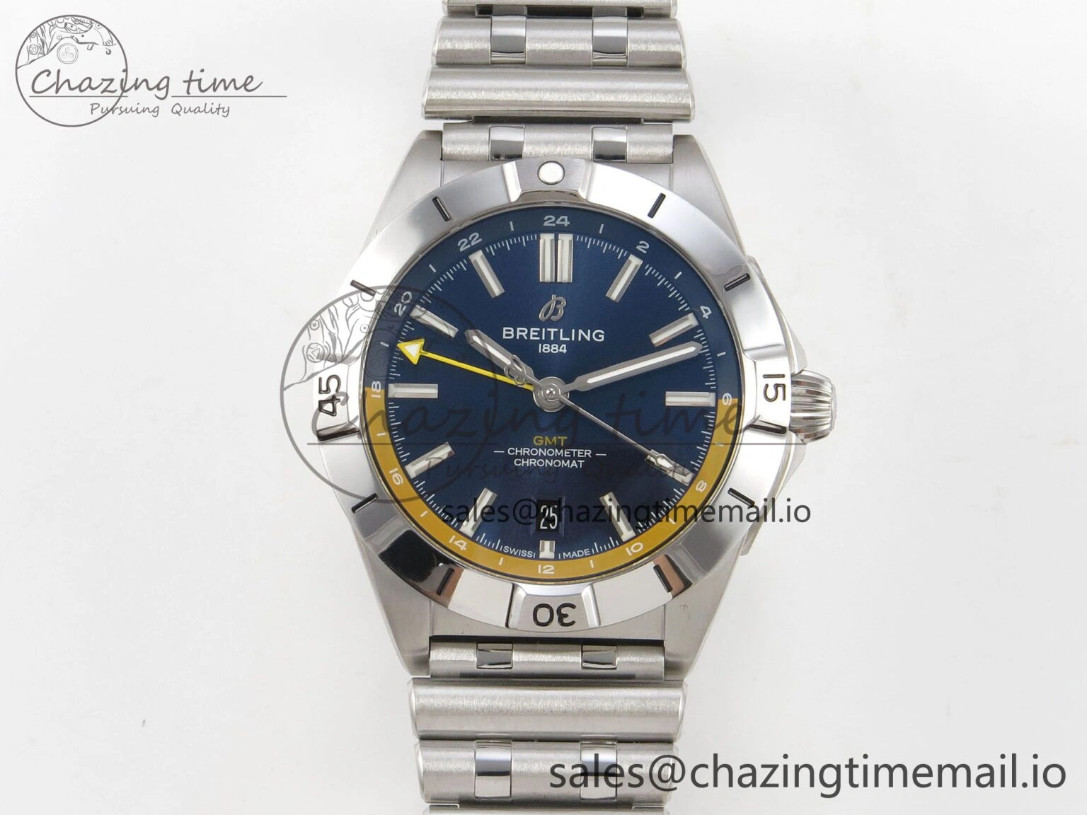 Breitling BLSF Chronomat Automatic 1:1 Best Edition GMT 40mm Blue Dial with Inner Yellow Rim On SS Bracelet
