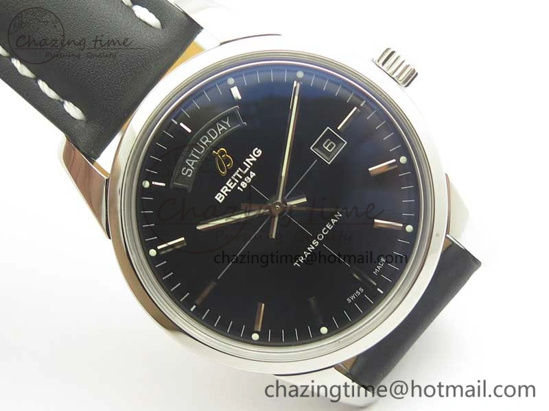 Breitling Transocean Day & Date SS V7F 1:1 Best Edition Black Dial on Black Leather Strap A2836