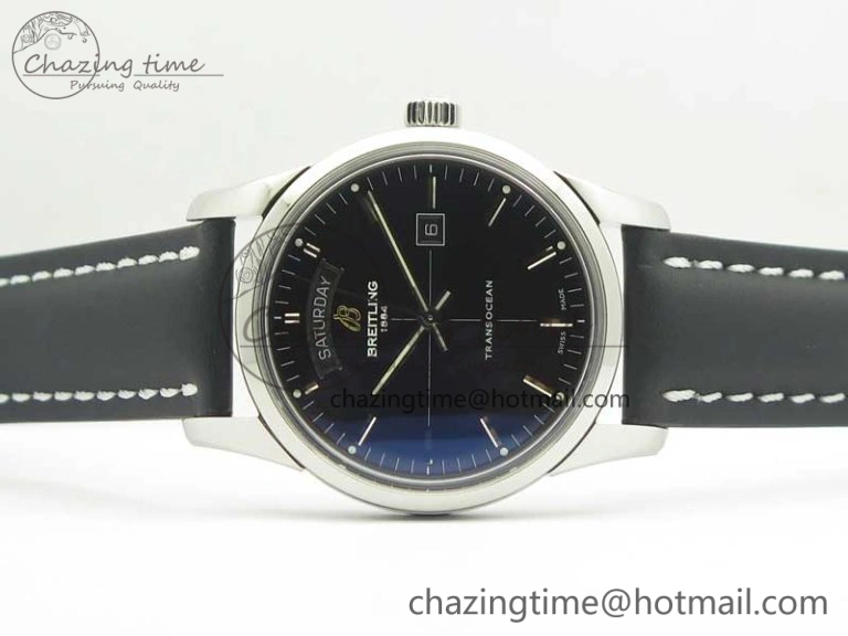 Breitling Transocean Day & Date SS V7F 1:1 Best Edition Black Dial on Black Leather Strap A2836
