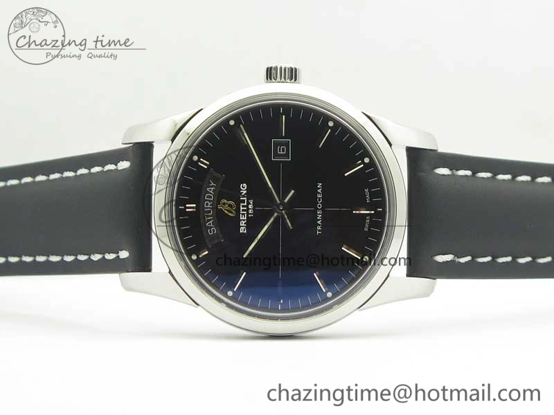 Breitling Transocean Day & Date SS V7F 1:1 Best Edition Black Dial on Black Leather Strap A2836