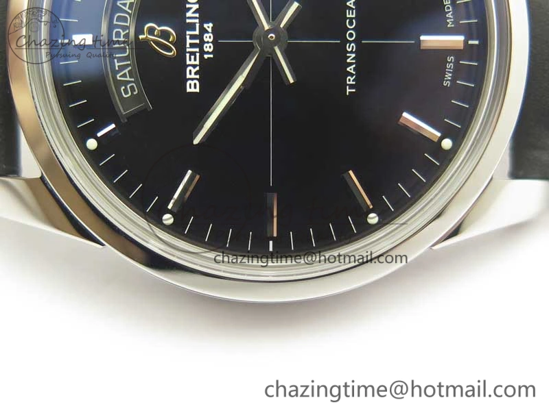 Breitling Transocean Day & Date SS V7F 1:1 Best Edition Black Dial on Black Leather Strap A2836