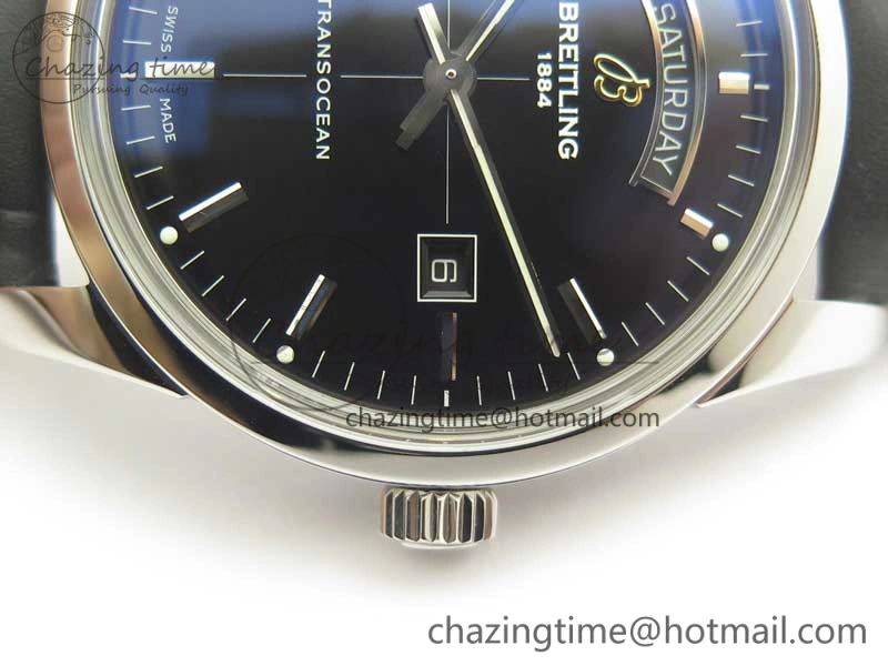 Breitling Transocean Day & Date SS V7F 1:1 Best Edition Black Dial on Black Leather Strap A2836