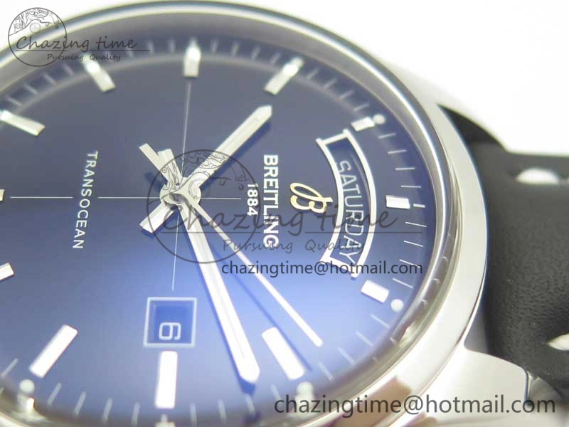 Breitling Transocean Day & Date SS V7F 1:1 Best Edition Black Dial on Black Leather Strap A2836