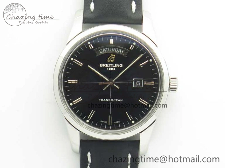 Breitling Transocean Day & Date SS V7F 1:1 Best Edition Black Dial on Black Leather Strap A2836