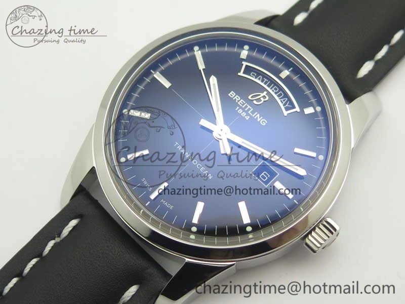 Breitling Transocean Day & Date SS V7F 1:1 Best Edition Black Dial on Black Leather Strap A2836