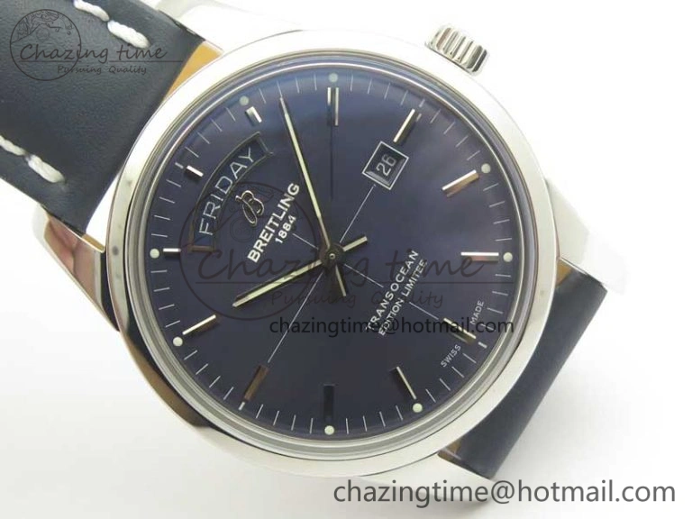 Breitling Transocean Day & Date SS V7F 1:1 Best Edition Blue Dial on Blue Leather Strap A2836