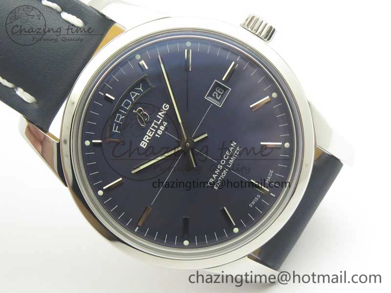 Breitling Transocean Day & Date SS V7F 1:1 Best Edition Blue Dial on Blue Leather Strap A2836
