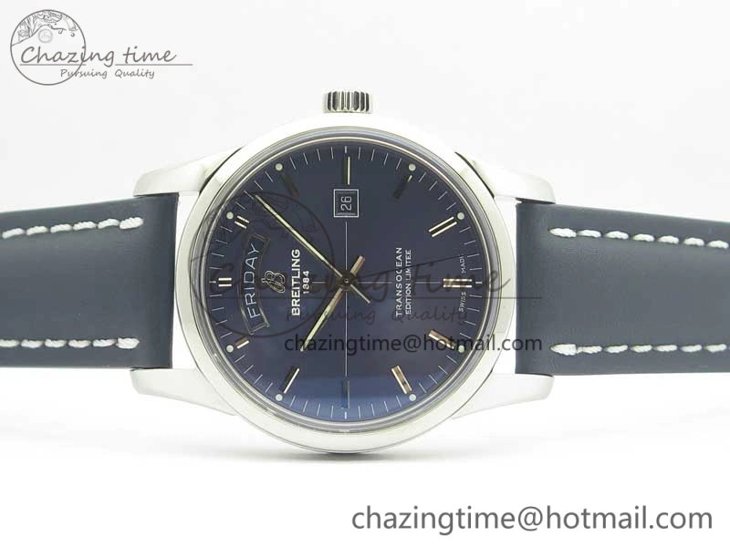 Breitling Transocean Day & Date SS V7F 1:1 Best Edition Blue Dial on Blue Leather Strap A2836