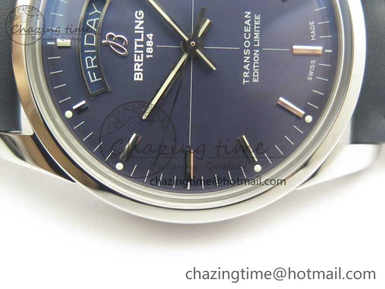 Breitling Transocean Day & Date SS V7F 1:1 Best Edition Blue Dial on Blue Leather Strap A2836