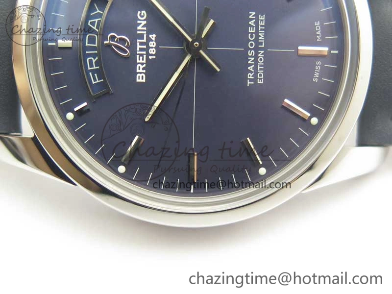 Breitling Transocean Day & Date SS V7F 1:1 Best Edition Blue Dial on Blue Leather Strap A2836
