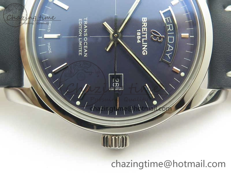 Breitling Transocean Day & Date SS V7F 1:1 Best Edition Blue Dial on Blue Leather Strap A2836