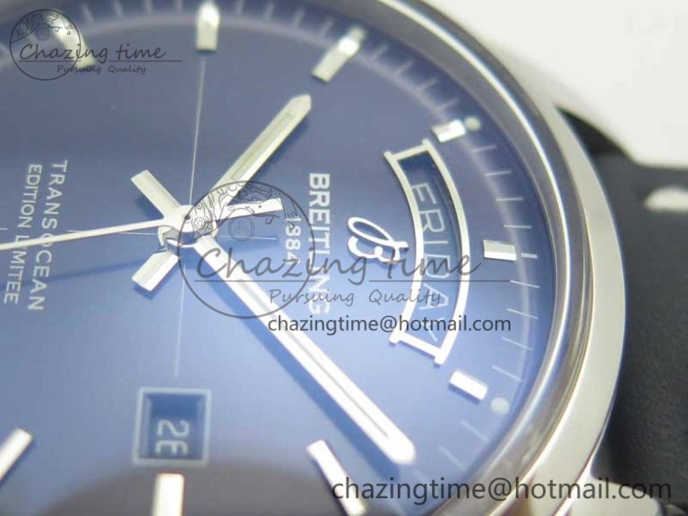 Breitling Transocean Day & Date SS V7F 1:1 Best Edition Blue Dial on Blue Leather Strap A2836