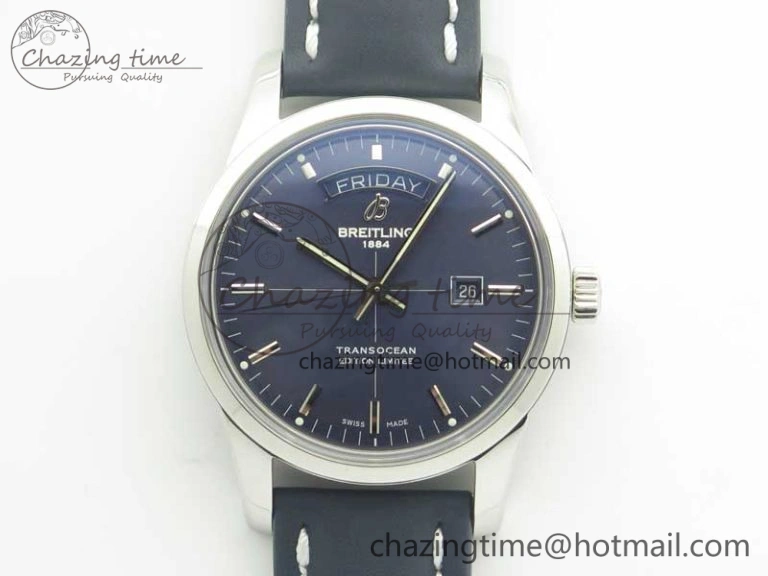 Breitling Transocean Day & Date SS V7F 1:1 Best Edition Blue Dial on Blue Leather Strap A2836