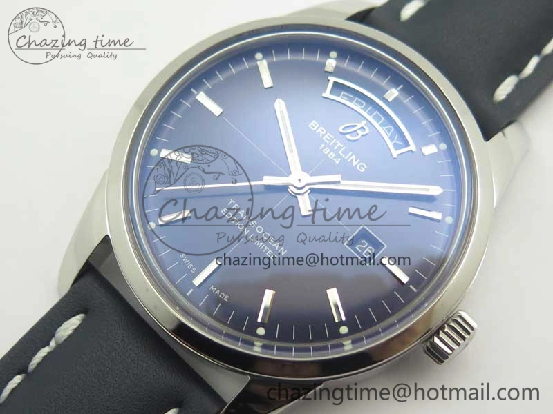 Breitling Transocean Day & Date SS V7F 1:1 Best Edition Blue Dial on Blue Leather Strap A2836