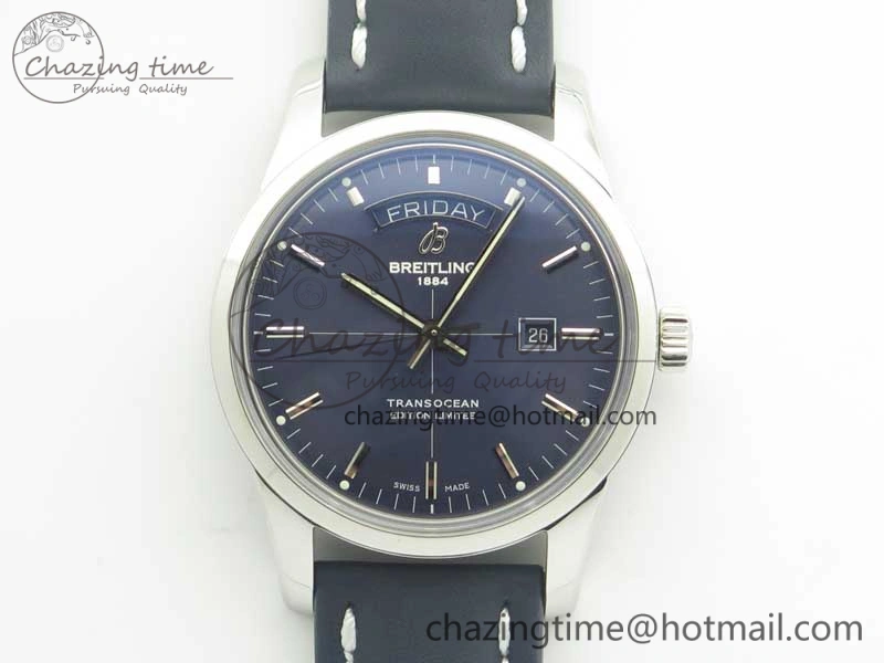 Breitling Transocean Day & Date SS V7F 1:1 Best Edition Blue Dial on Blue Leather Strap A2836